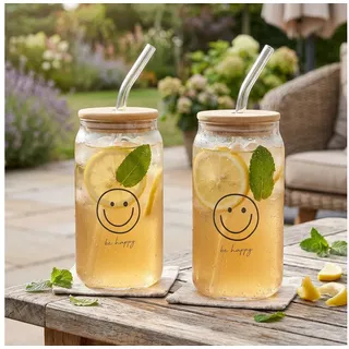 Levandeo® Glas, 2er Set Glas Deckel Strohhalm 500ml Be Happy Smiley Bambusholz