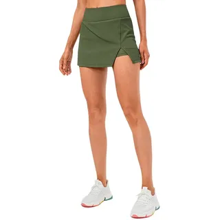 B.X Sweatrock Damen-Tennisrock mit hoher Taille, figurbetontem Seitenschlitz Schlichter modischer hochelastischer Sportrock gefütterten Taschen grün M