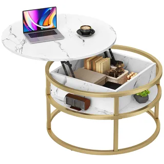 DWVO Runder Couchtisch für Wohnzimmer, Couchtisch mit Hebefläche und verstecktem Fach, rustikaler kleiner runder Couchtisch, Holz-Mitteltisch, Weiß und Gold