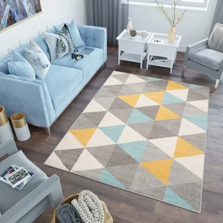 TAPISO Lazur Teppich Kurzflor Gelb Grau Creme Dreiecke 300 x 400 cm