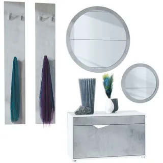 Vladon Garderoben-Set Espoo, (Flur Garderobe, mit Schuhbank, 2 Wandpaneel und 2 Runde Wandspiegel), Weiß matt/Beton Oxid Optik grau