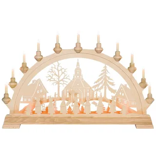 Kunstgewebe Taulin Schwibbogen Taulin Lichterbogen Seiffener Kirche - mit Vorbel., Handarbeit aus dem Erzgebirge beige
