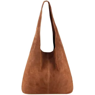 OBC Made IN Italy Damen Leder Tasche Handtasche Wildleder Shopper Schultertasche Hobo-Bag Henkeltasche Beuteltasche Velourleder (Braun (Wildleder)) - ca.: 43x32x17 cm (BxHxT)