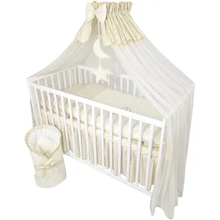 Bello24 - 13 Teiliges Babybett Kinderbett und Bettwäsche komplett Set Happy Leo inkl. Matratze höhenverstellbar für Neugeborene Babys und Kleinkinder aus Massivholz Bestickt (Teddybär Mond Hellbeige)