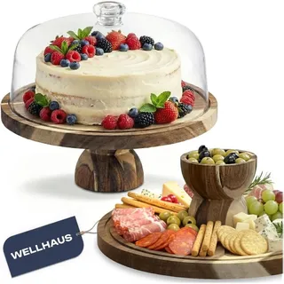 WELLHAUS Käsebrett mit Deckel 2in1 Tortenplatte Holz & Charcuterie Board für Snack, Käseplatte Servierbrett Küchenbrett, Kuchenplatte Tortenst...