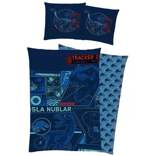BERONAGE Kinderbettwäsche Jurassic World Tracker Bettwäsche Biber / Flanell, 100% Baumwolle, 2 teilig, 135x200 + 80x80 cm mit Knopfleiste blau