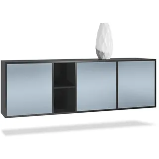 Vladon Sideboard Cuba (Kommode, mit 3 Türen und 2 offene Fächer), Schwarz matt/Denim matt (182 x 53 x 35 cm) blau