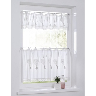 Scheibengardine Camille, Kutti, Bindebänder (1 St), blickdicht, Kurzgardine, Baumwolle, Landhaus, romantisch, Herz, Spitze, Volant weiß 120 cm x 50 cm