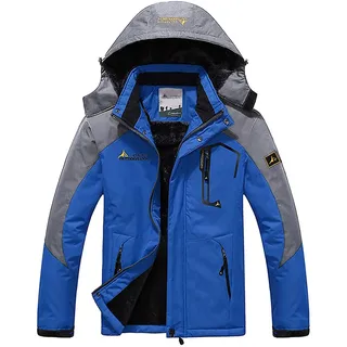Memoryee Herren Ski Jacke Warmer Gefüttert Winter Fleece Mantel Wasserdichter mit Abnehmbarer Kapuze Outdoorjacke/Grey blue/XXL - XXL