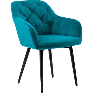 Esszimmerstuhl SALESFEVER Stühle Gr. B/H/T: 61 cm x 85 cm x 45 cm, Samtvelours Samtoptik, Metall, blau (türkis, schwarz) 4-Fuß-Stuhl Küchenstuhl Stuhl Esszimmerstühle Stühle mit Knopfheftung