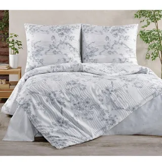 ZIRVEHOME Bettwäsche 155x220 cm 4-teilig Weißer Bettbezug 155x220cm mit feinem Blumen, Vogel und Linienmuster in Grau und Schwarz, Bettwäsche-Set 155 x 220 cm. MelodyV1