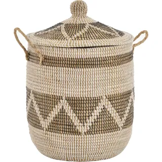 Wäschekorb Wäschesammler mit Deckel Dekokorb Aufbewahrungs-Box Allzweck-Korb Natur Seegras mit bunten Wicklungen (Natur Schwarz Weiss)