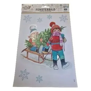 XL Kinder Fensterbild BUNT Kinder holen Tannenbaum mit Schlitten zu Weihnachten
