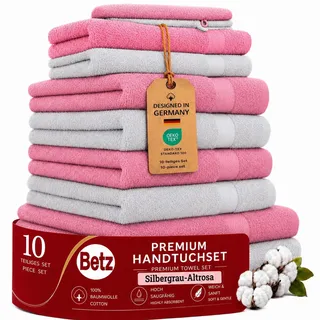 Betz 10-TLG. Handtuch-Set Premium 100% Baumwolle 2 Duschtücher 4 Handtücher 2 Gästetücher 2 Waschhandschuhe Farbe Silber & Altrosa