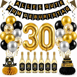 Deko 30 Geburtstag Mann, Deutsche Version, Schwarz-Gold Partydeko Set | 30. Geburtstag Deko mit Banner, Girlande, Luftballons, Tischdeko, Weinflaschenaufkleber, Gut für eine Geburtstagsüberraschung