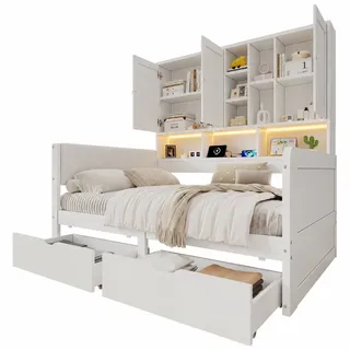Merax Stauraumbett 90x200 cm, Einzelbett Weiß mit LED, Steckdose, USB-A & USB-C, Schubladen, Regalen & PU-Kopfteil