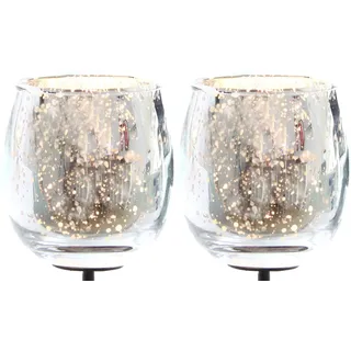 2X Teelichthalter Glas für Adventskranz 6cm Bauchig Silber Teelichtgläser Klein Kerzenhalter für Teelichter Weihnachtskranz 2er Gesteck Weihnachten Dekoration Xmas