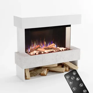 GLOW FIRE Kaminofen PR5 mit realistischem 3D E-Motion LED-Feuer - Stand-Elektrokamin mit Heizung, Kaminfeuer & Timer, max. 1500 W, 111x103,8x35, Weiß (Beton)