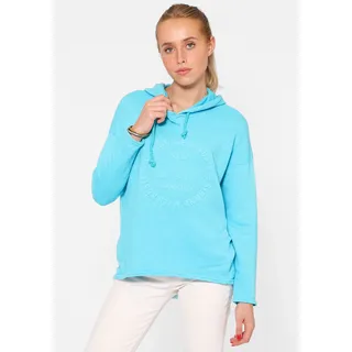 Hoodie ZWILLINGSHERZ "Moin", Damen, Gr. S/M, blau (türkis), Sweatware, Obermaterial: 70% Baumwolle, 30% Polyacryl, unifarben, comfort fit hüftlang, hoch geschlossener Ausschnitt, Sweatshirts Hoodie, Kapuze, Kordelzug, Langarm, maritimer Schriftzug