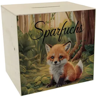 Neugieriger Fuchs im Wald - Spardose aus Holz - Sparfuchs - Illustration mit Bäumen und grünem Laub orangefarbenes Fell und Schwarze Details