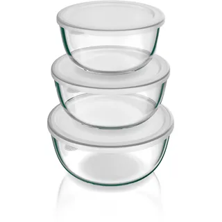 Arendo - Salatschüssel aus Glas mit Deckel - Glasschüssel 3er Set - 700ml + 1100ml + 1500ml – Rührschüsseln klein bis groß – Borosilikatglas - Glasschale Salatglasschale