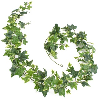 artplants.de Künstliche Efeu Girlande Elena, 171 Blätter, weiß - grün, 180cm - Efeu künstlich - Efeu Dekoration