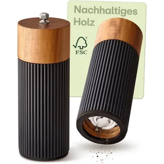 Praknu Salz- / Pfefferstreuer Salz & Pfeffermühle Set Akazien Holz – Edles Design & Keramikmahlwerk, (2er Set, 2-tlg), FSC-zertifiziert, Keramikmahlwerk, Stufenlos einstellbar, Langlebig schwarz Ø 5 cm x 5 cm x 16 cm