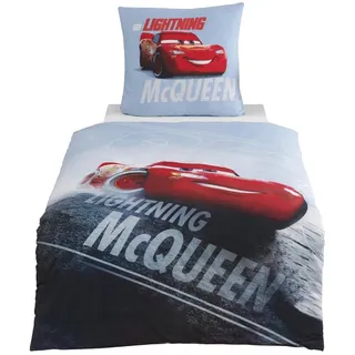 MTOnlinehandel Bettwäsche Cars 135x200 + 80x80 cm, 100 % Baumwolle, Flanell/Biber, 2 teilig, Jungen Kinderbettwäsche Disney's Cars Auto, Lightning McQueen blau