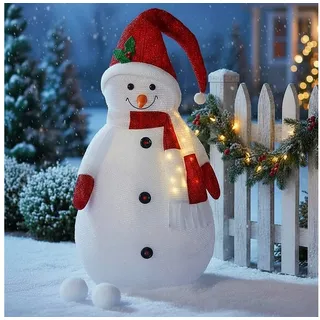 Spetebo Schneemann LED XXL Stoff Schneemann 140cm für Außen mit Timer (Komplett-Set, 1 St., Schneemann mit beleuchtetem Schal), Beleuchtete Garten Deko Figur wasserfest Batterie betrieben rot|weiß