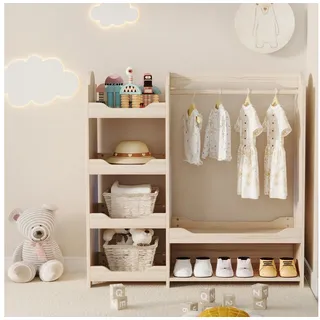 ANYSUN Kinderkleiderschrank klein Kindergarderobe offen mit ablage,4 Regalen,Kleiderstände Kleiderschrank mit Bänkenbereich für Kinderzimmer,110×39×110cm beige