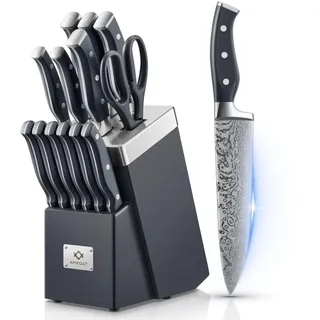 AMEGAT Messerblock mit Messer, 14-TLG Selbstschärfender Messerblock, Scharfe Messerset mit Ergonomischer und Rutschfester Griff, Edelstahl Küchenmesser Set mit Kochmesser, Brotmesser, Schere