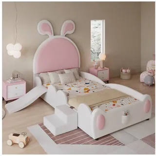 HAUSS SPOLE Kinderbett 90x200cm mit matratze Kinderbett mit kleiner Treppe und Kinderrutsche rosa