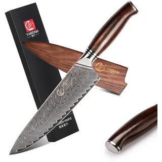 YARENH Damastmesser Profi Kochmesser 20.5 cm, 73 Schichten Damaststahl Küchenmesser, Scharf Chefmesser, Mit Erlesenem Sandelholzgriff, Mit Walnussholz-Scheide