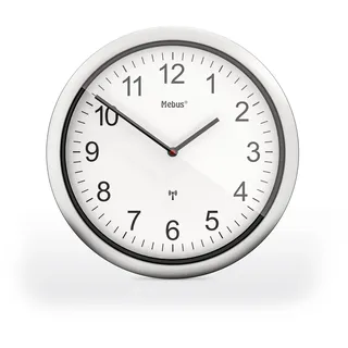 Mebus Funk-Wanduhr, 26 cm, lautlos, silberner Rahmen, weißes Zifferblatt, Modell 19809 - Gut lesbar und stilvoll, Weiß
