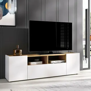 Dmora - TV-Schrank Etna, niedriges Sideboard für Wohnzimmer, TV-Sideboard für Wohnzimmer, 142x35h44 cm, Weiß und Eiche Nodi