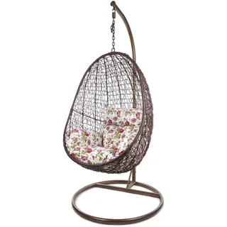 Kideo Komplettset: Hängesessel mit Gestell & Kissen, Korbsessel, Poly-Rattan (Gestell- und Korbfarbe: braun, Kissen: Blumenmuster Nest (3761 Roses))