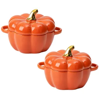 TYUIOP Keramik Kürbis Suppenschüssel 450ml 2-teilig mit Deckel Mikrowellengeeignet für Halloween Thanksgiving Dessertschüssel Salatschüssel Deko Geschirr Orange (Orange)