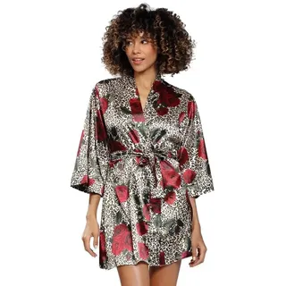 DKaren Morgenmantel Damen Satin Morgenmantel Kurz Kimono Bademantel, Satin, Gürtel bunt S-36