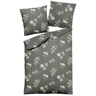JACK Bettwäsche JACK by Dormisette 135x200cm / 155x220cm Blumen Anthrazit Hellbraun, Biber, 2 teilig, dezente Blüten & Blätter, Edelbiber, mit Reißverschluss schwarz