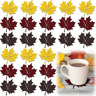 Filz Ahornblatt Untersetzer Set, 24 Stück, Herbst Tischdeko in Gelb, Weinrot und Braun, 11 cm, rutschfeste Hitzebeständige Getränkeuntersetzer für Thanksgiving (Mehrfarbig)