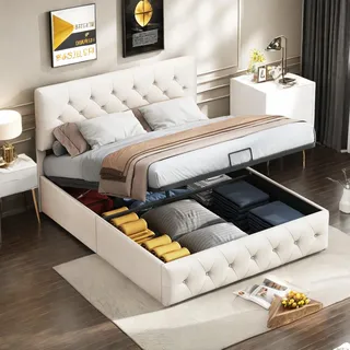 DAHUEN Doppelbett Polsterbett 140x200 cm, Boxspringbett Stauraumbett Bett mit stauraum, Jugendbett mit gepolstertem Rücken, Kopfteil höhenverstellbar, LED Bett mit lattenrost, Samt, Beige