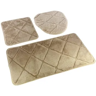 Euromat Badematten 3tlg Badset Badgarnitur Rutschfester Polyester Badteppich Maschinenwaschbar Wasserabsorbierend Muna (Beige)