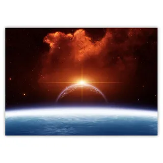 XXL Poster 100 x 70cm (S-820) futuristisches Bild im All mit einer aufgehenden Sonne Planeten Sternenhimmel Weltraum Erde Mond Horizont (Lieferung gerollt !)