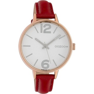 OOZOO Quarzuhr Oozoo Damen Armbanduhr OOZOO Timepieces, (Analoguhr), Damenuhr rund, groß (ca. 42mm), Lederarmband rot, Fashion rot