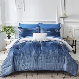 Dinjoy Ombre Blue Comforter Set Twin Size Reversible Gradient Blue Grey Boho Bedding Set for Men Women 7 Pieces Bed in A Bag Bohemian Bed Set with Comforter, Sheets, Pillowcases & Shams