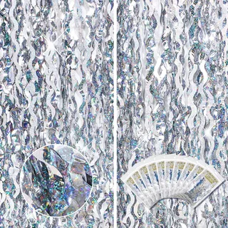 10 Stück 90er Jahre Folien-Fransenhintergrund, gewellter Lametta-Fransenvorhang, Luftschlangen für Frohes neues Jahr, Karneval, Party, Gastgeschenk, 80er-90er-Jahre, Disco, Ozean, Meer, Meerjungfrau,