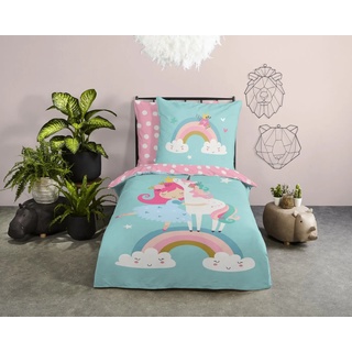 Kinderbettwäsche Einhorn Regenbogen Prinzessin hellblau rosa, soma, Hochwertige Renforcé 100 % Baumwolle, Bettwäsche-Set 135x200cm + 80x80 cm 2tlg. Mit Reißverschluss für Kinder, Mädchen und Jungen