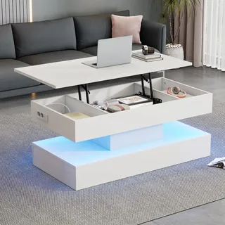 Merax Couchtisch mit Höhenverstellbarer Platte, Wohnzimmertisch Kaffeetisch Ausziehbarer, Versteckter Stauraum, Modern Sofatisch mit LED-Licht, rechteckiger Mitteltisch Beistelltisch für Home, Weiß