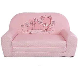 FORTISLINE Kindersofa MINI ausklappbar 78 x 40 x 45 cm - Kindercouch aus Mikrofaser mit Liegefläche 104 cm, abnehmbarem waschbarem Bezug, Oeko-TEX Standard 100 Rosa Teddybär-Motiv