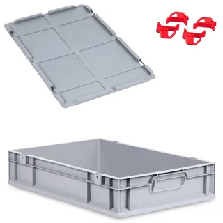 FIXKRAFT Eurobox 23L Aufbewahrungsbox mit Deckel Stapelbar 60x40x12 cm Stapelbox Grau Kunststoff Box Aufbewahrung Plastikbox Lagerbox Kunststoffbox Plastik (Verschluss Rot, ohne Griff)